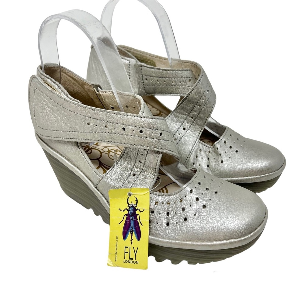 Fly London Silver Leather Wedge Mary Jane - Picture 2 of 12